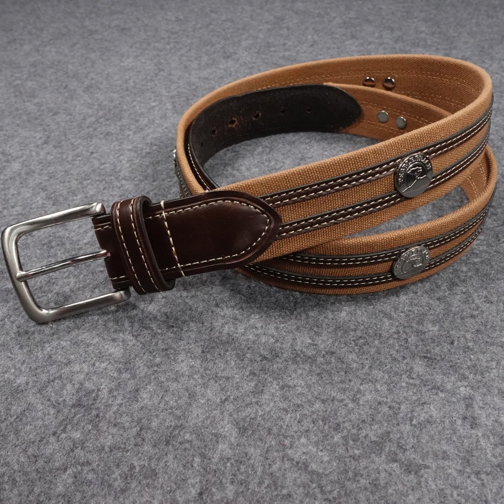 Pebble Beach Mens Canvas Leather Belt Tan Brown Silver Medallion 38 3328500